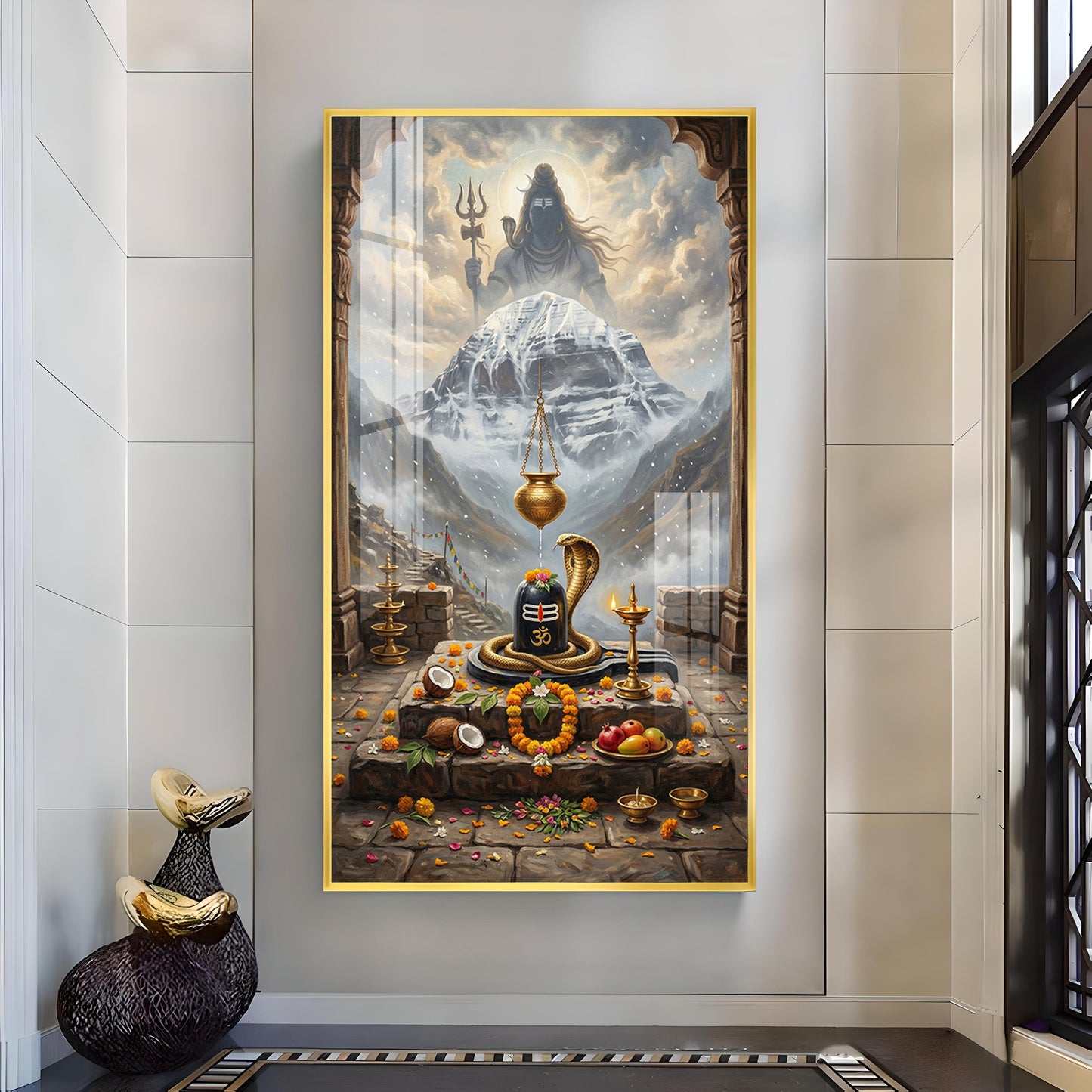 Lord Shiva Shivlingam Glass Finish Vertical Wall Art