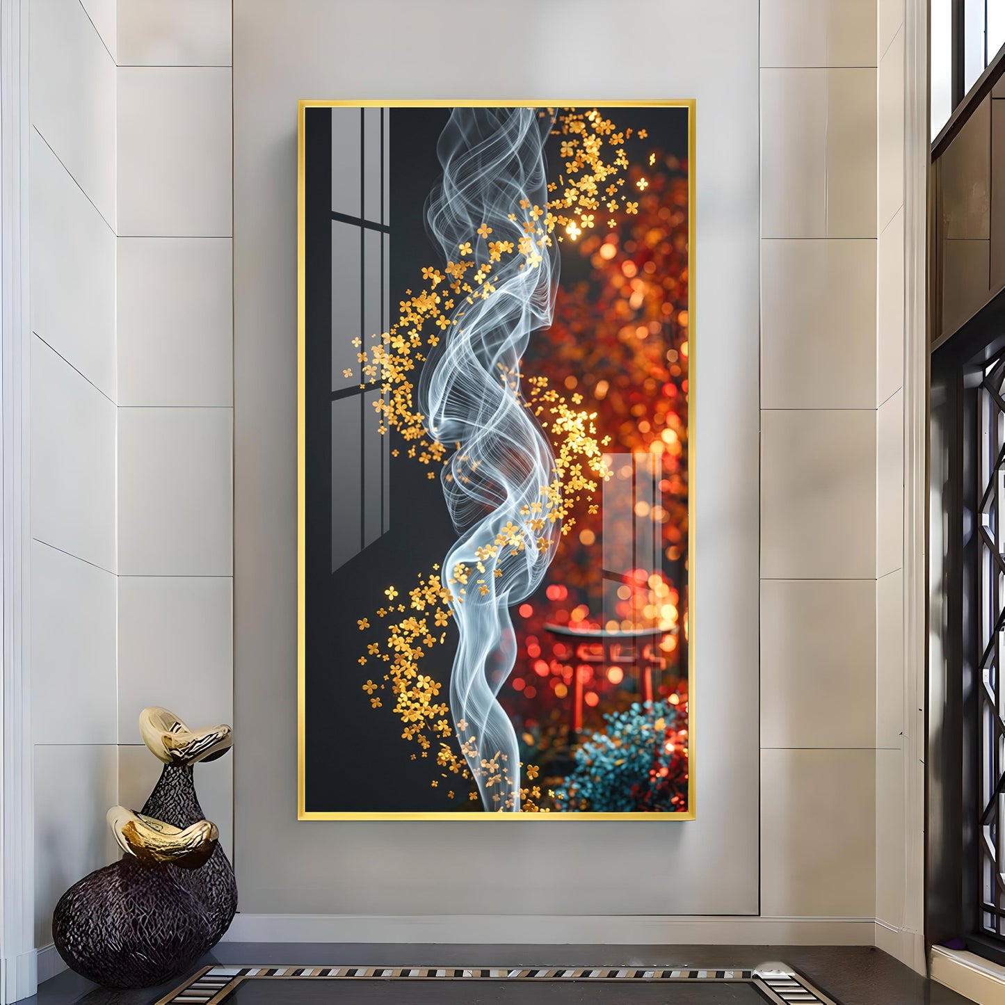 Whispers of Golden Bloom Glass Finish Vertical Wall Art