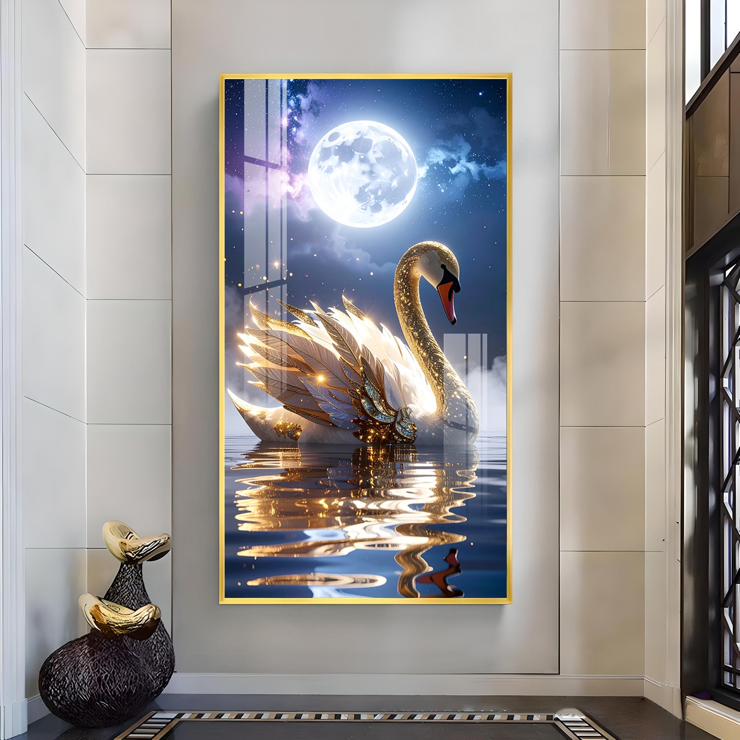 Majestic swan with feathers Glass Finish Vertical Wall Art