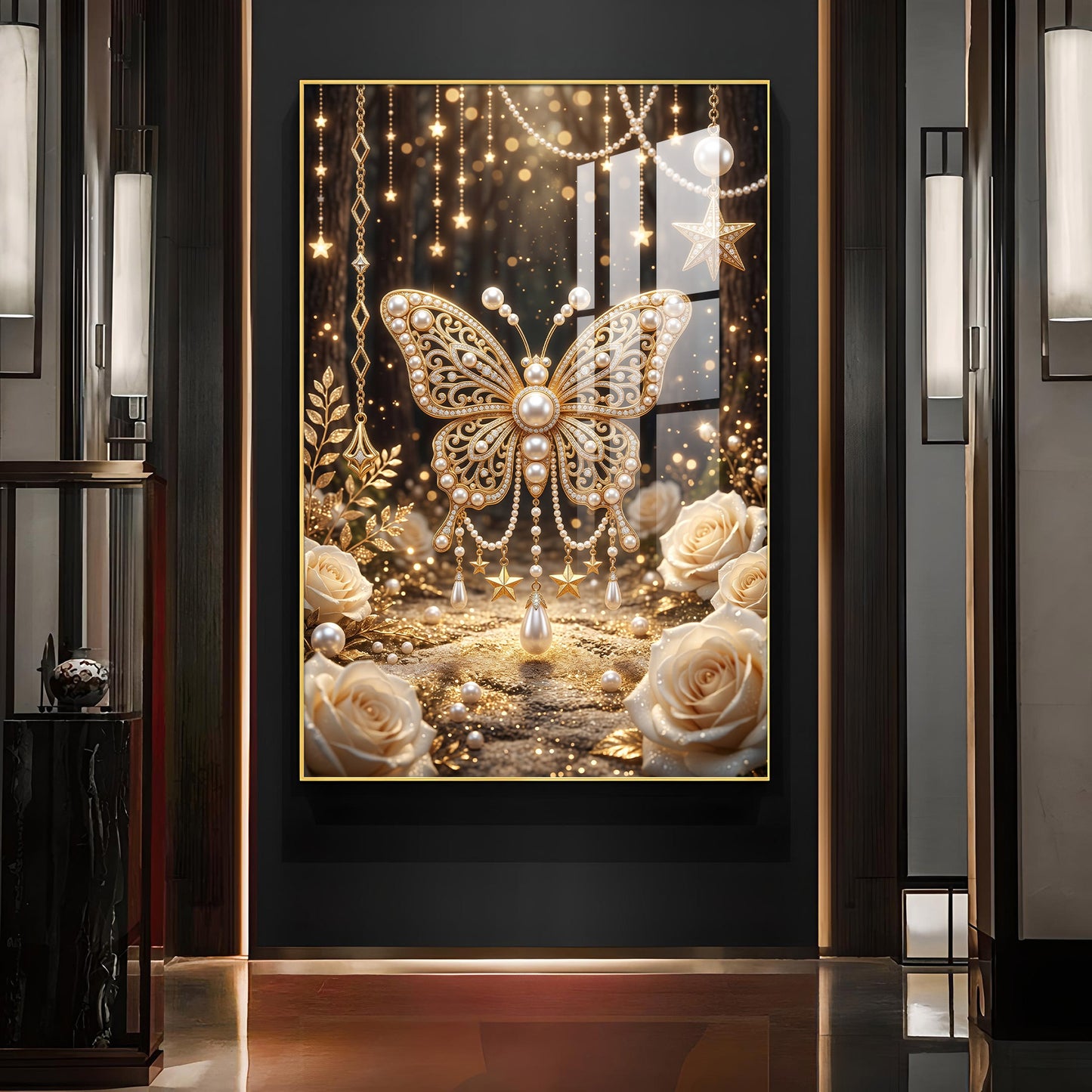 Golden Butterfly Embellished With Pearls Glass Finish Vertical Wall Art