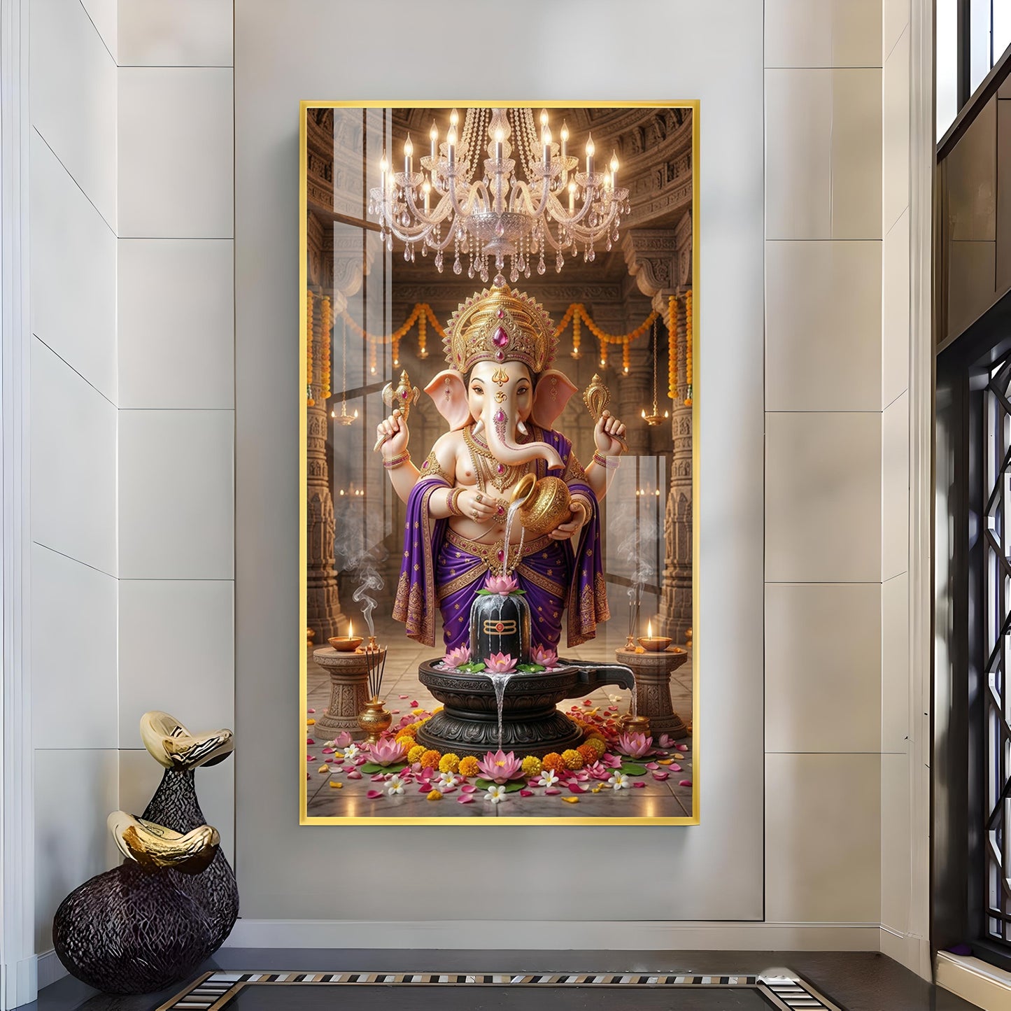 Lord Ganesh With Lord Shiv Glass Finish Vertical Wall Art