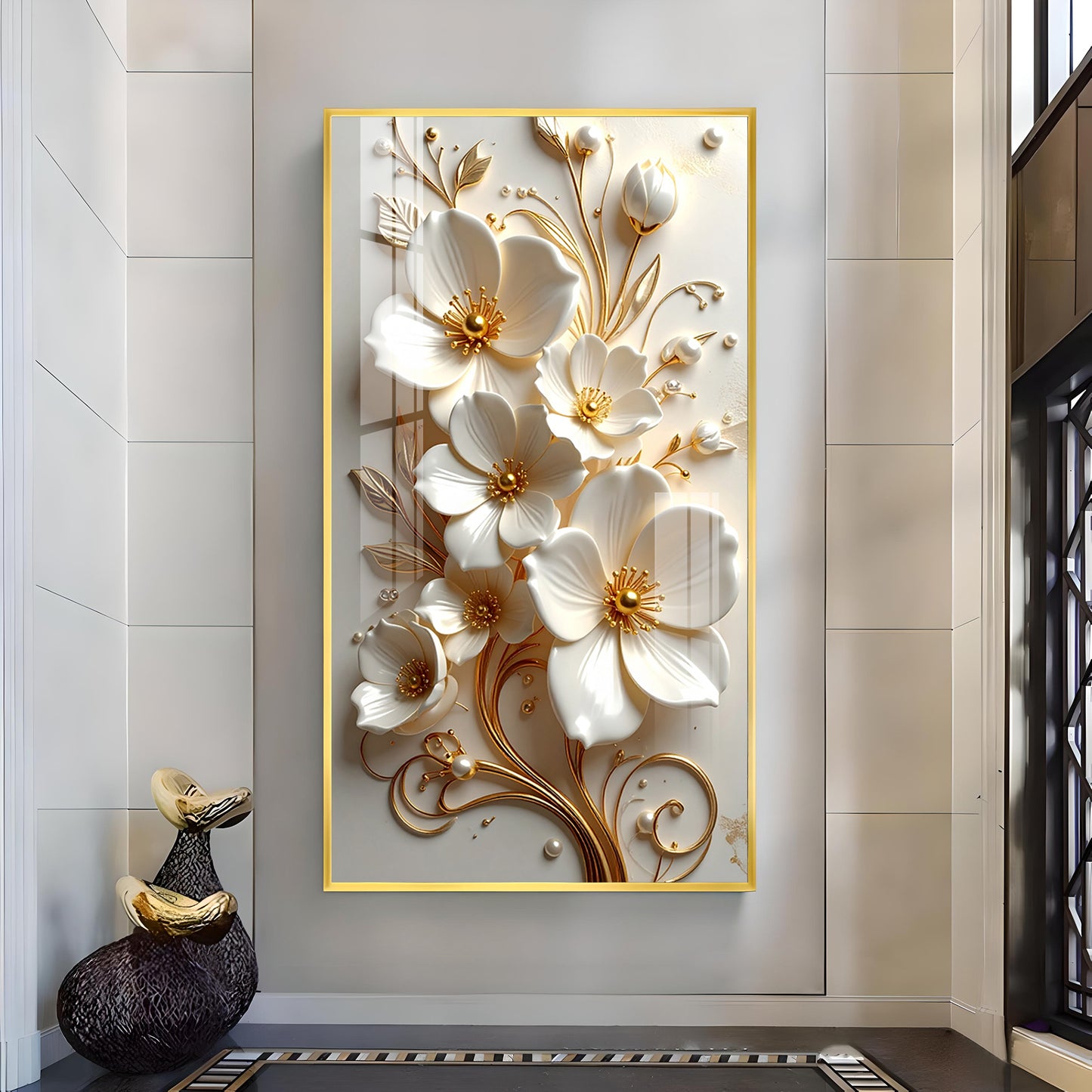 Pure Elegance Flora Glass Finish Vertical Wall Art