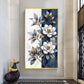White & Blue Magnolias Flowers Glass Finish Vertical Wall Art