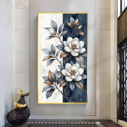 White & Blue Magnolias Flowers Glass Finish Vertical Wall Art