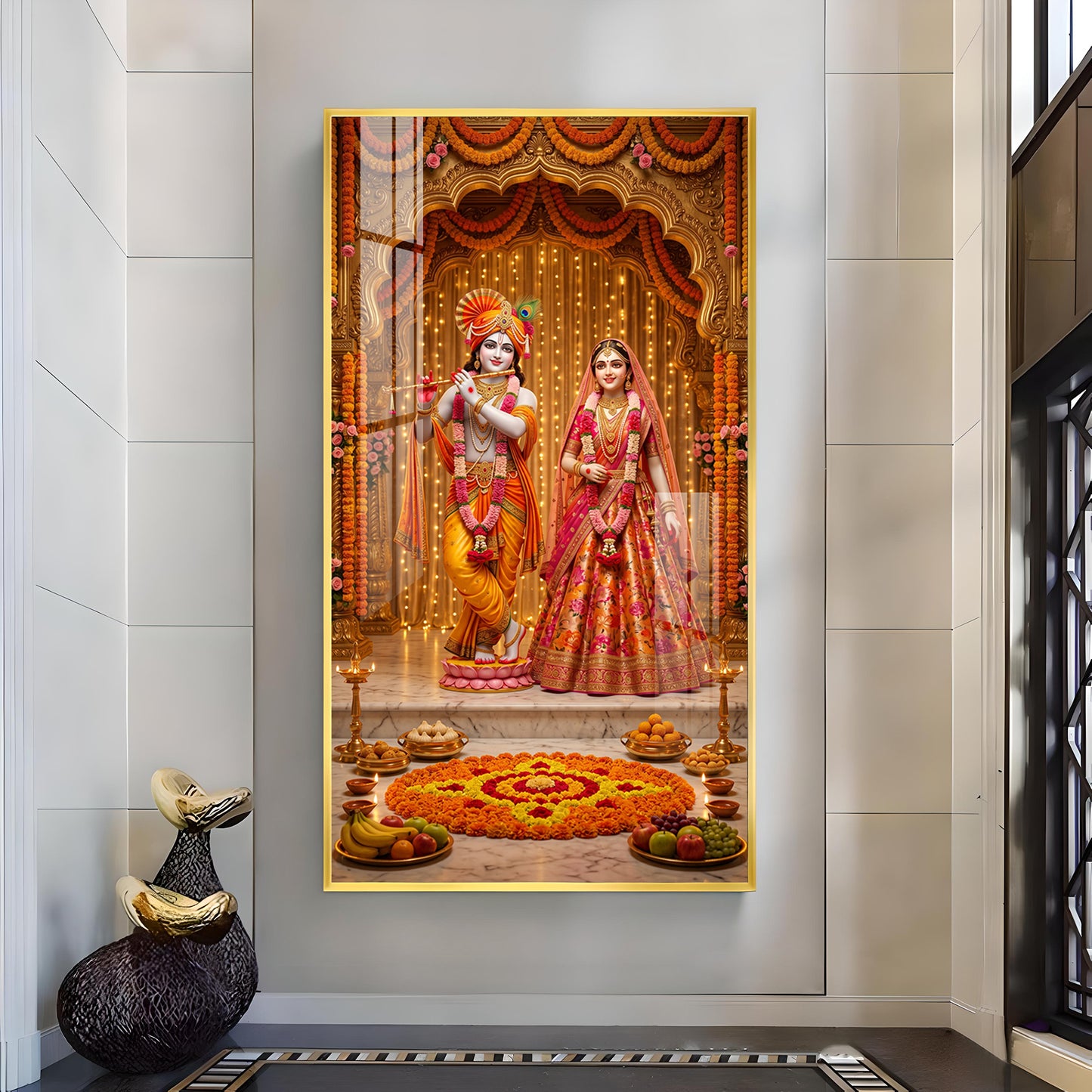 Decorative Radha Krishna Glass Finish Vertical Wall Art