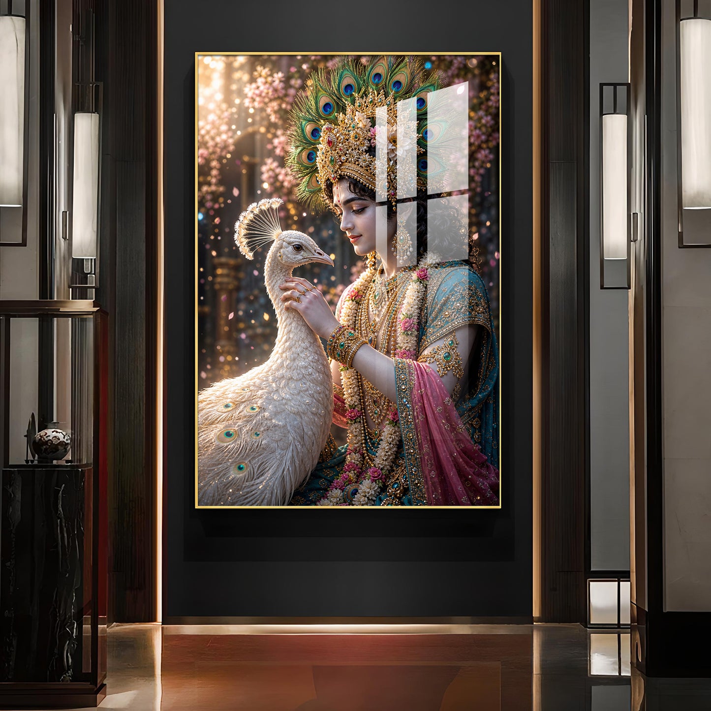 Shree Krishna With Peacock Glass Finish Vertical Wall Art