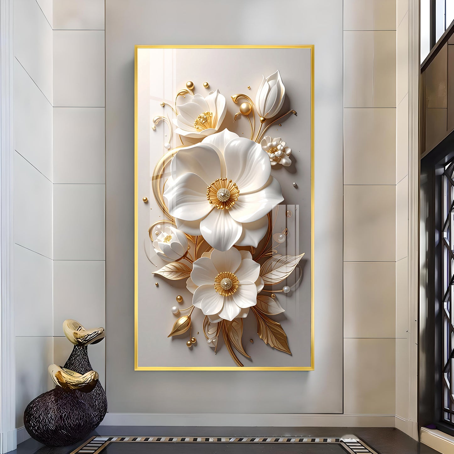 Luxe Petal Harmony Glass Finish Vertical Wall Art