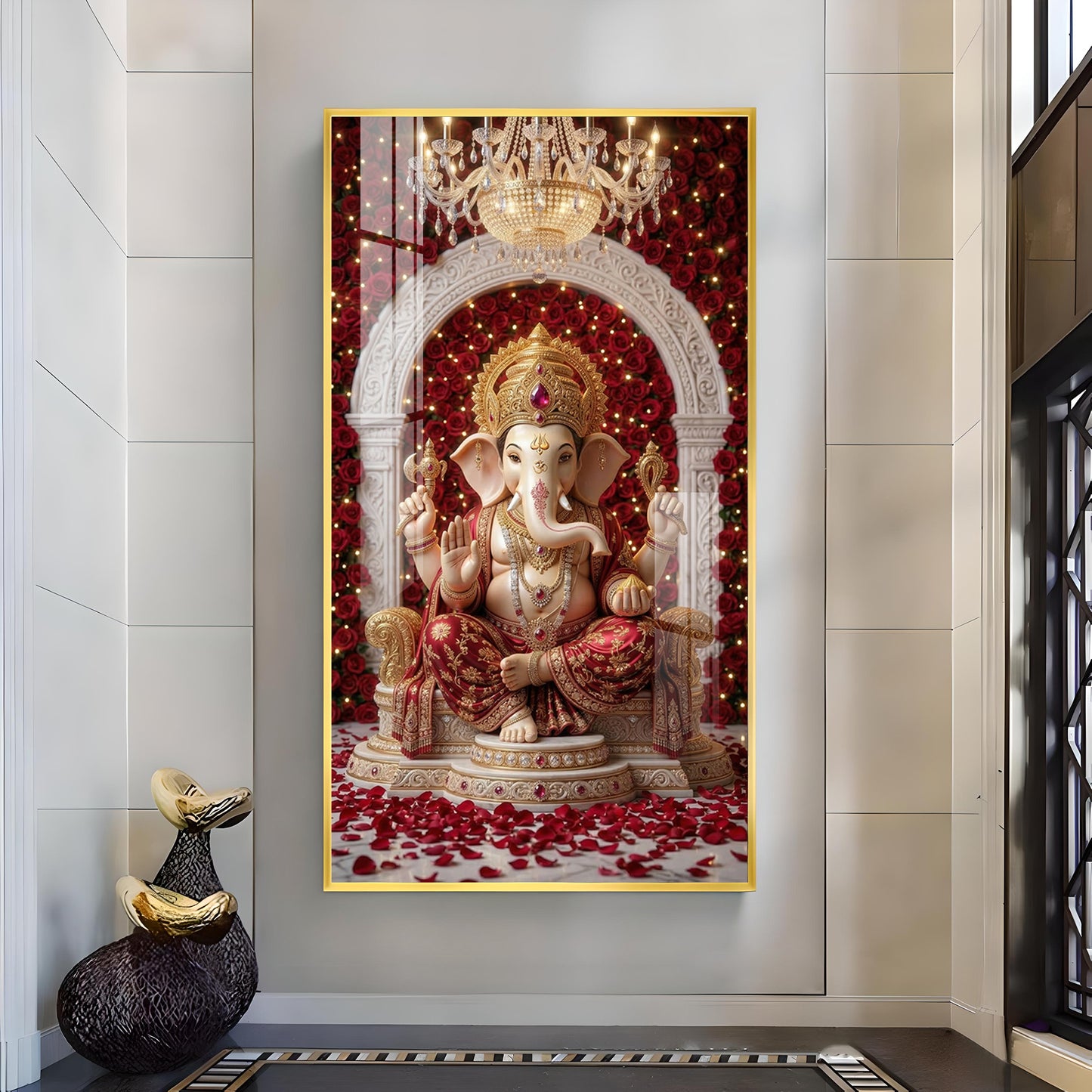 Divine Shree Ganesh Glass Finish Vertical Wall Art