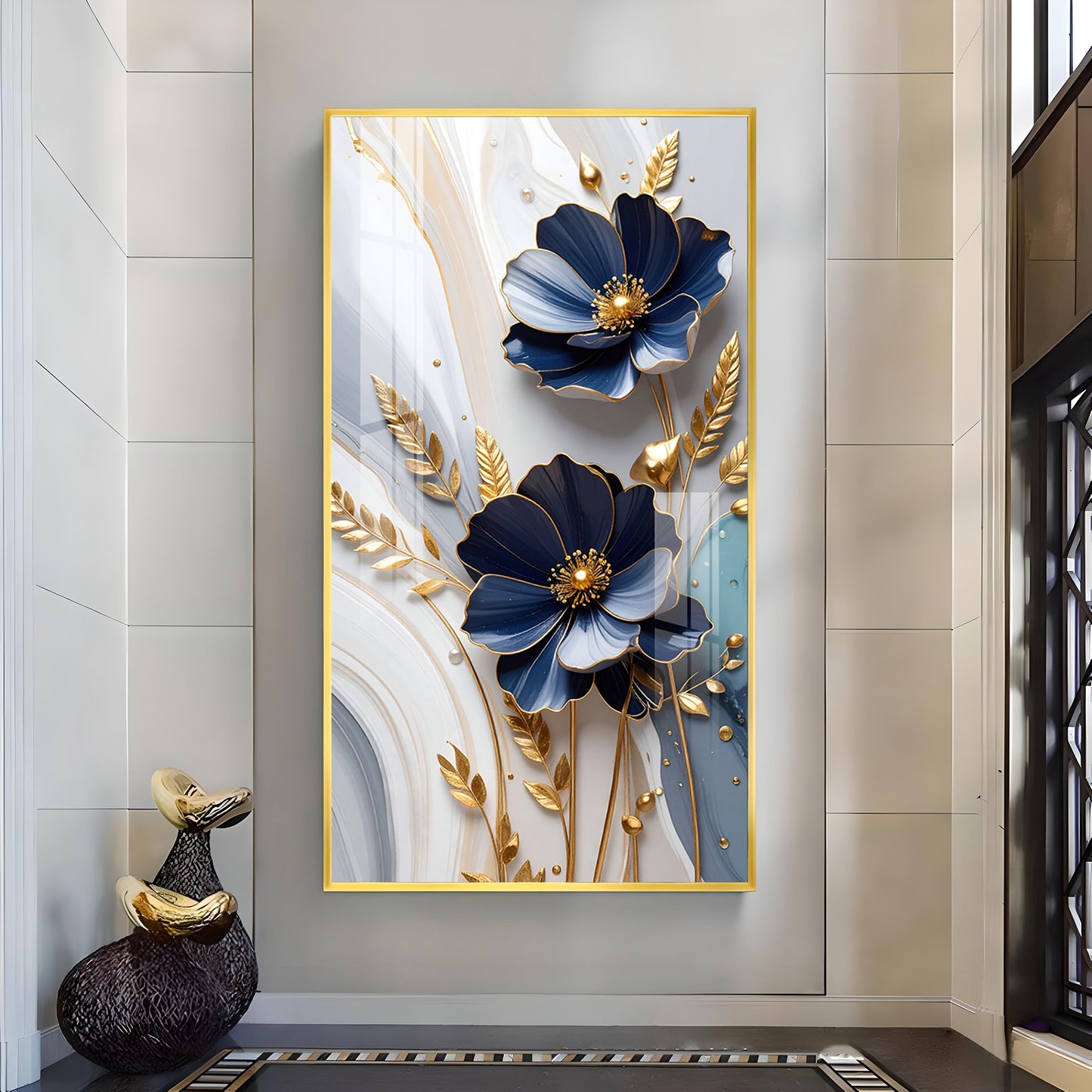 Blue Petal Luxe Flower Glass Finish Vertical Wall Art