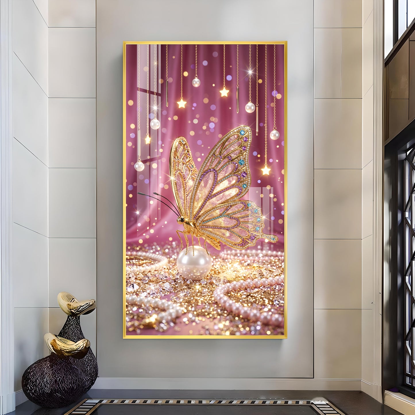 Elegant Pink Butterfly Glass Finish Vertical Wall Art