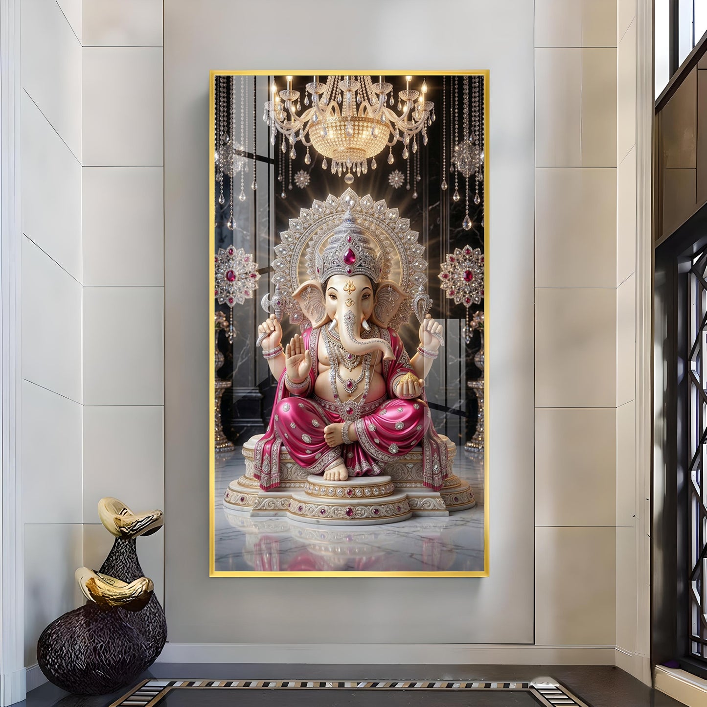 Lord Ganpati Bappa Glass Finish Vertical Wall Art