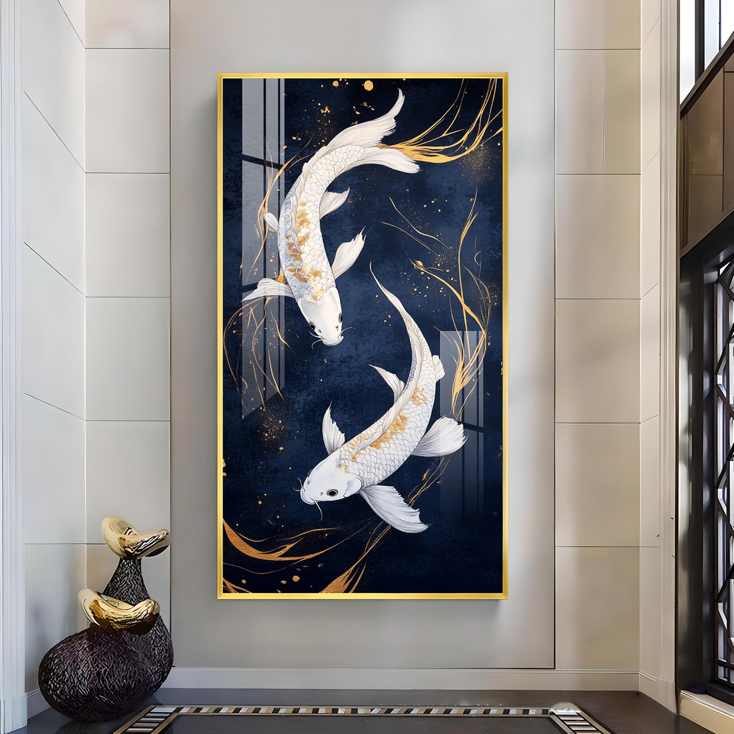 Pair Of White Fish Glass Finish Vertical Wall Art