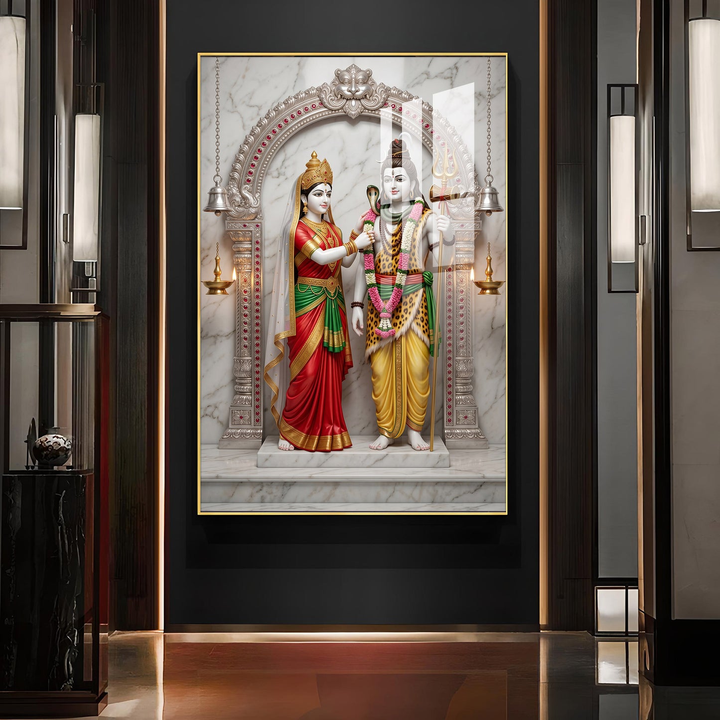 Lord Shiva & Goddess Parvati Glass Finish Vertical Wall Art