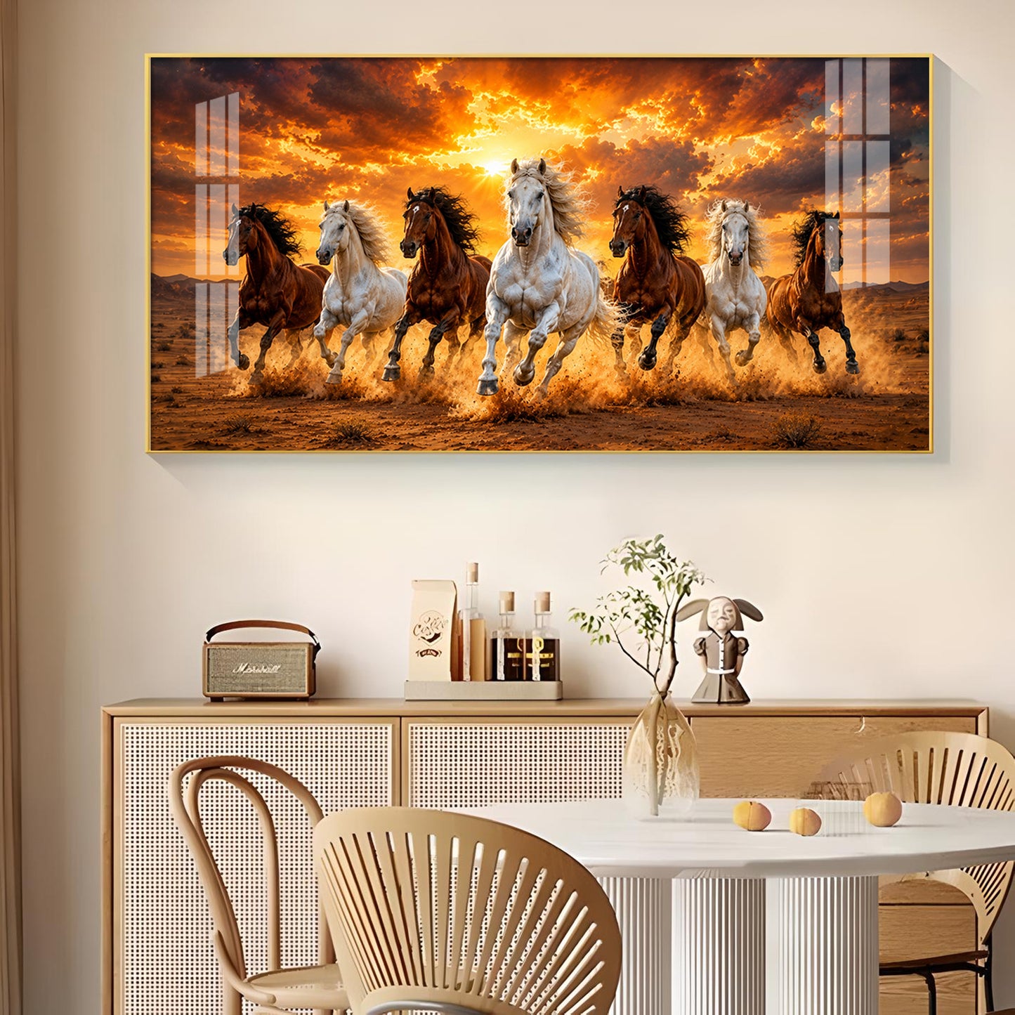 7 Running Horses Glass Finish Horizontal Wall Art