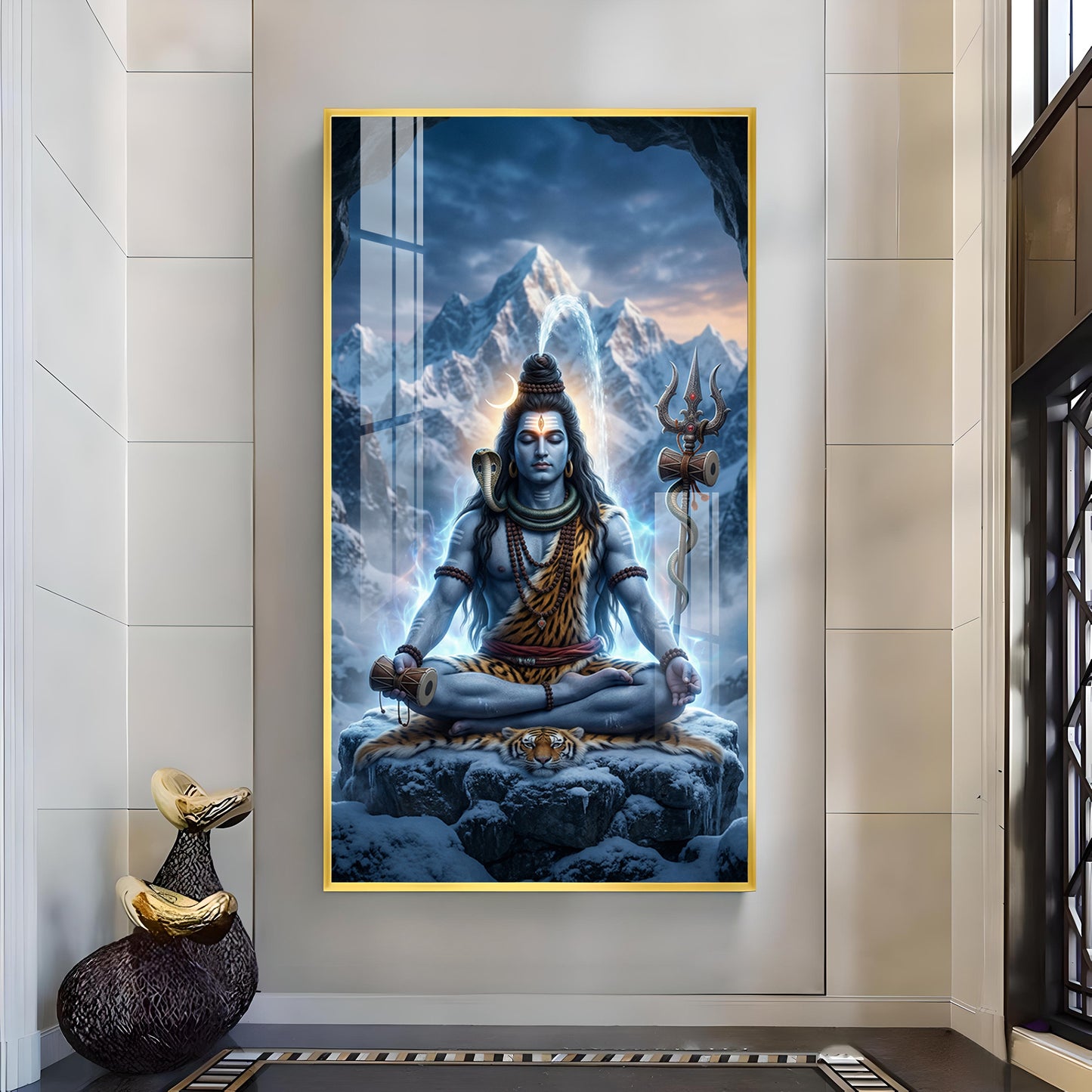 Hindu lord Shiv Glass Finish Vertical Wall Art