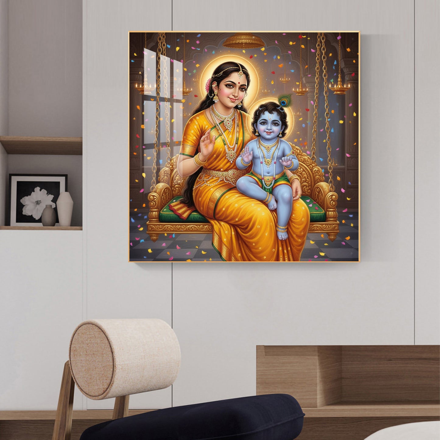 Little Kanha With Yashoda Maa Glass Finish Square Wall Art
