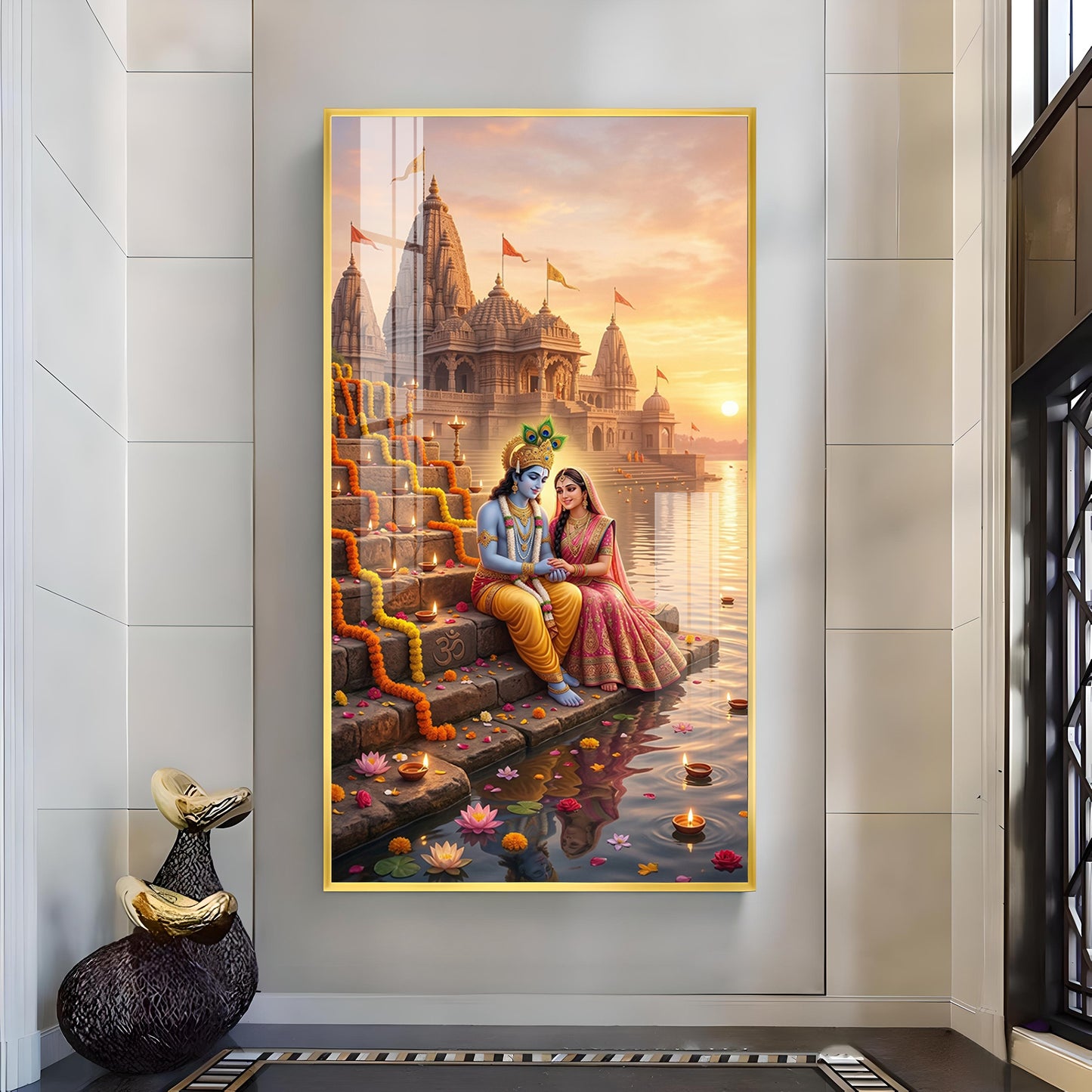 Radha Krishna On Ghat Glass Finish Vertical Wall Art