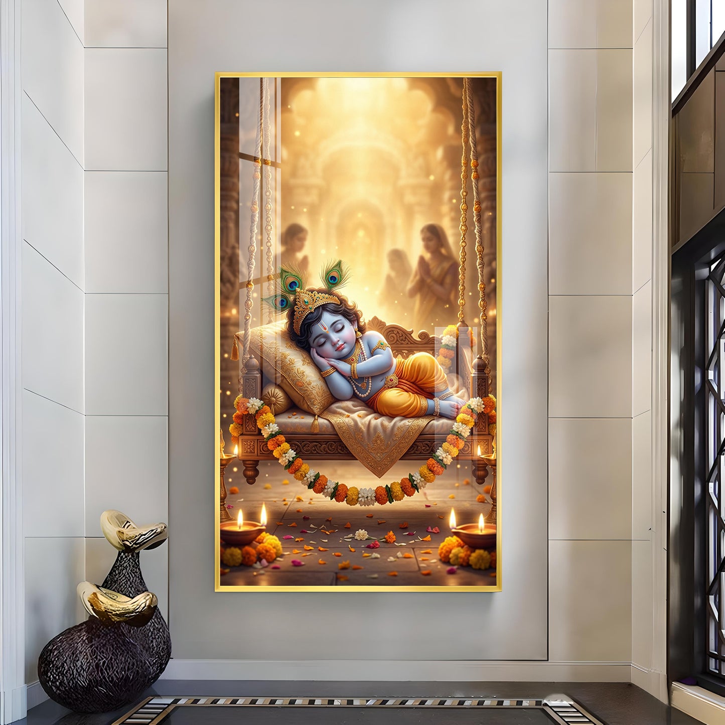 Sleeping Little Krishna Glass Finish Vertical Wall Art
