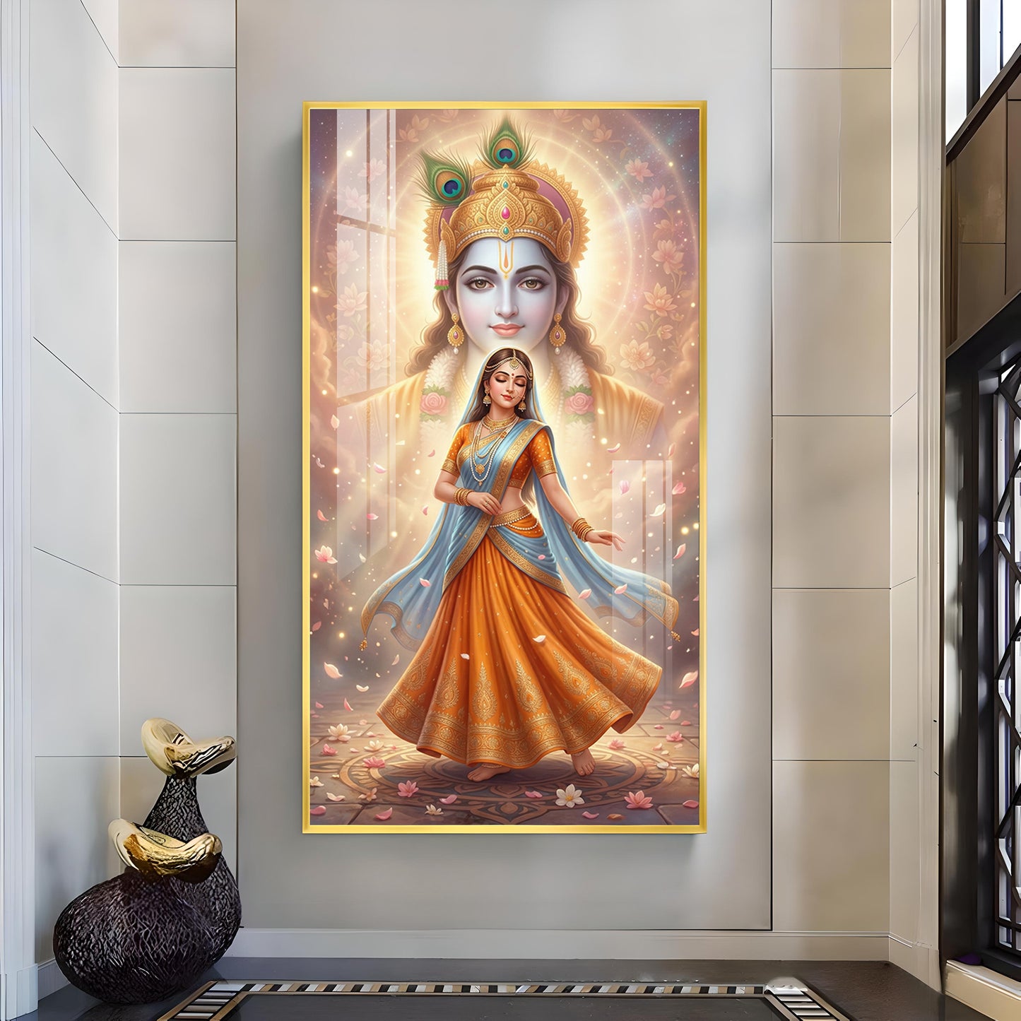 Radha With Shri Krishna Glass Finish Vertical Wall Art