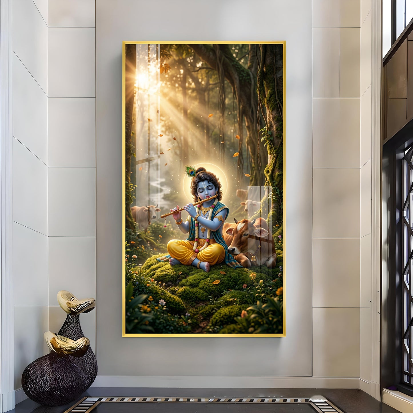 Lord Krishna Playing Flute In Garden Glass Finish Vertical Wall Art