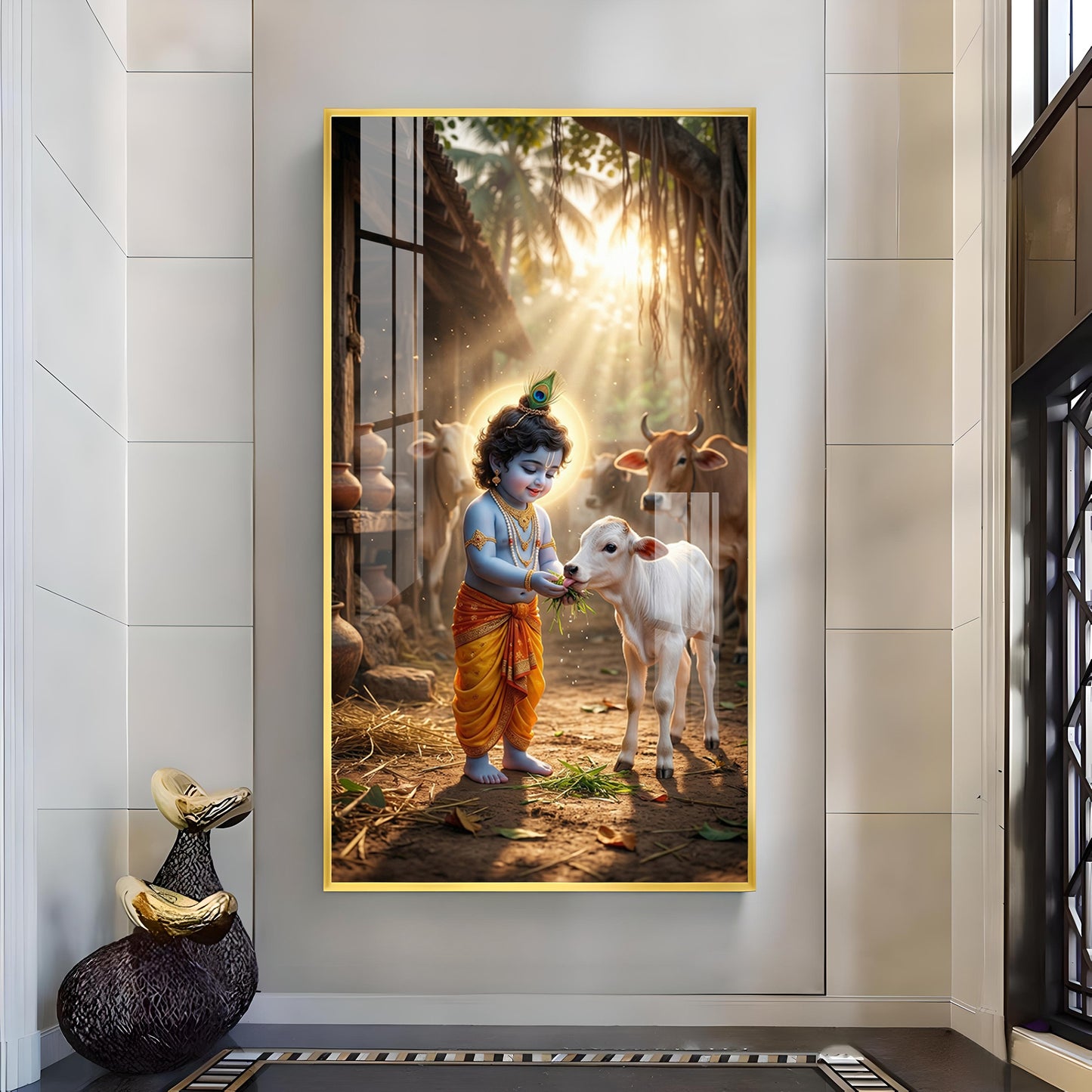 LIttle Krishna With Calf Glass Finish Vertical Wall Art