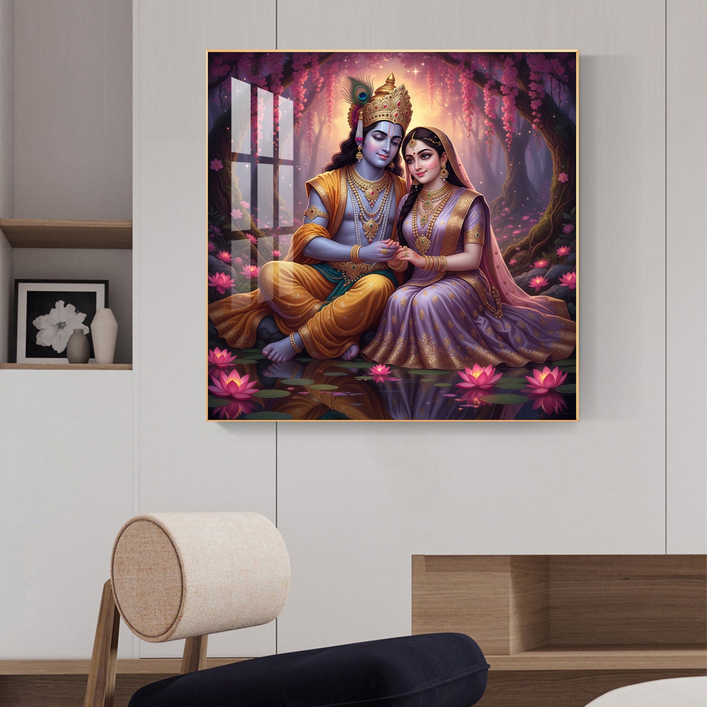 Loving Beautiful Radha Krishna Glass Finish Square Wall Art