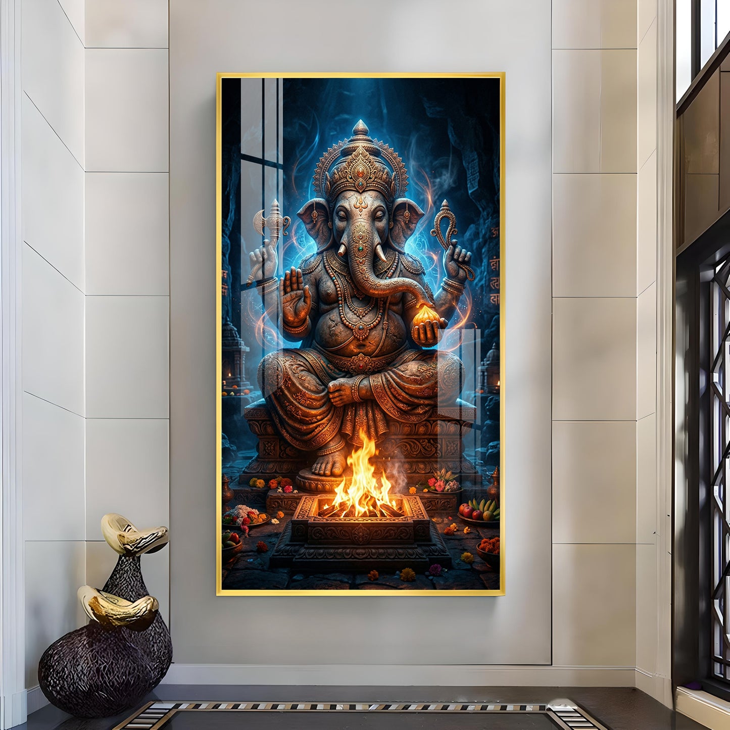 Divine Shree Ganesh Ji Glass Finish Vertical Wall Art