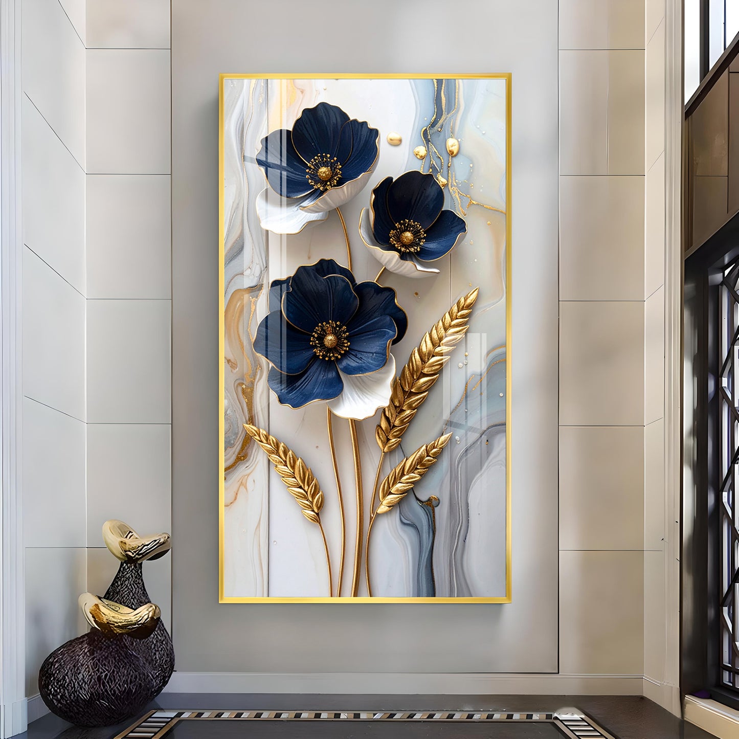 Blue & Gold Serenity Glass Finish Vertical Wall Art