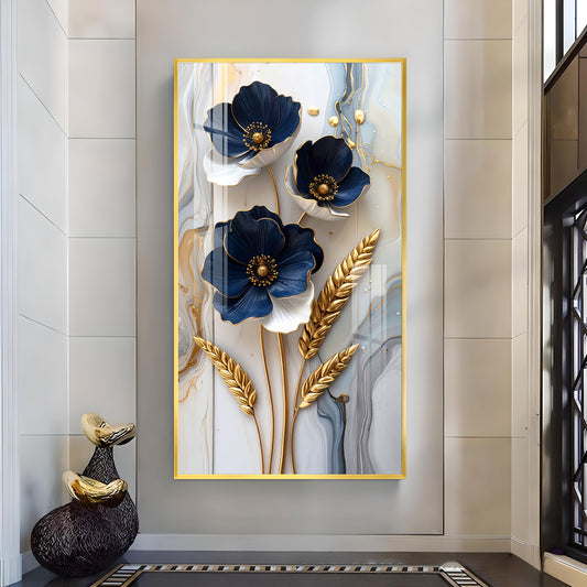 Blue & Gold Serenity Glass Finish Vertical Wall Art