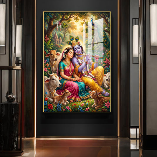 Generic Radha Krishna Glass Finish Vertical Wall Art