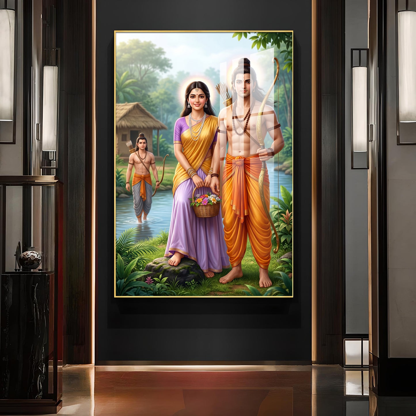 Lord Ram Siya With Lakshman Glass Finish Vertical Wall Art
