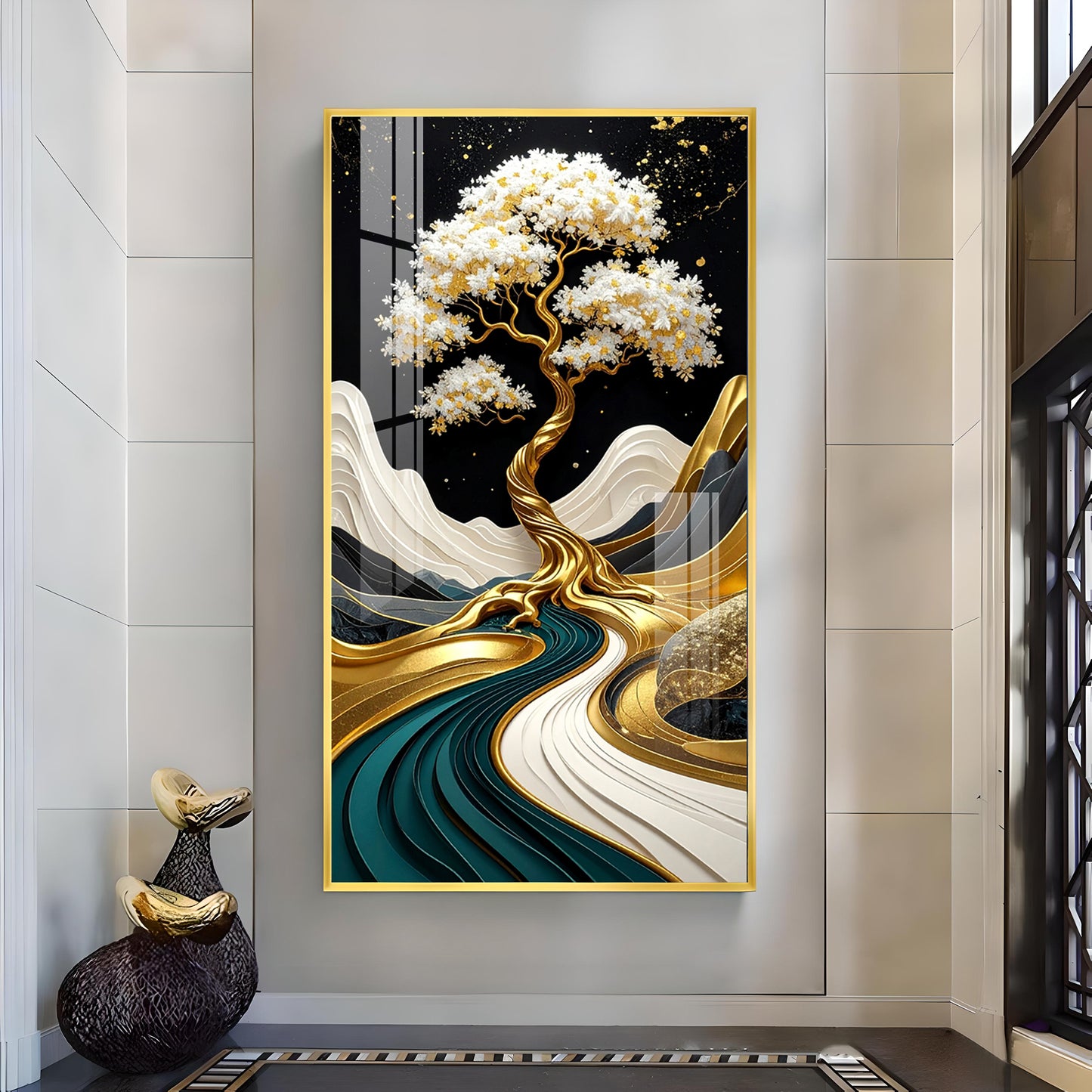 Golden Serenity Tree Glass Finish Vertical Wall Art