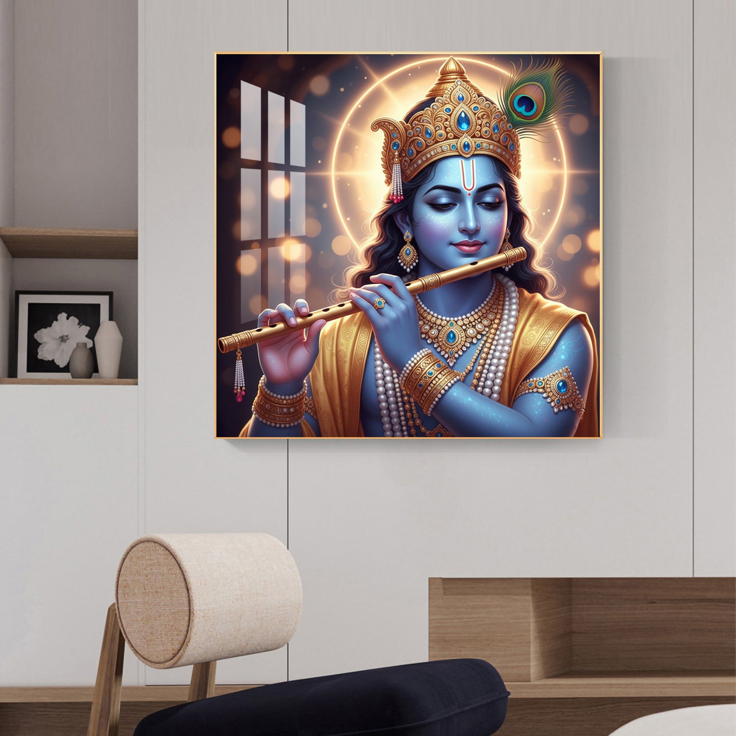 Spiritual Krishna With Flute Glass Finish Square Wall Art