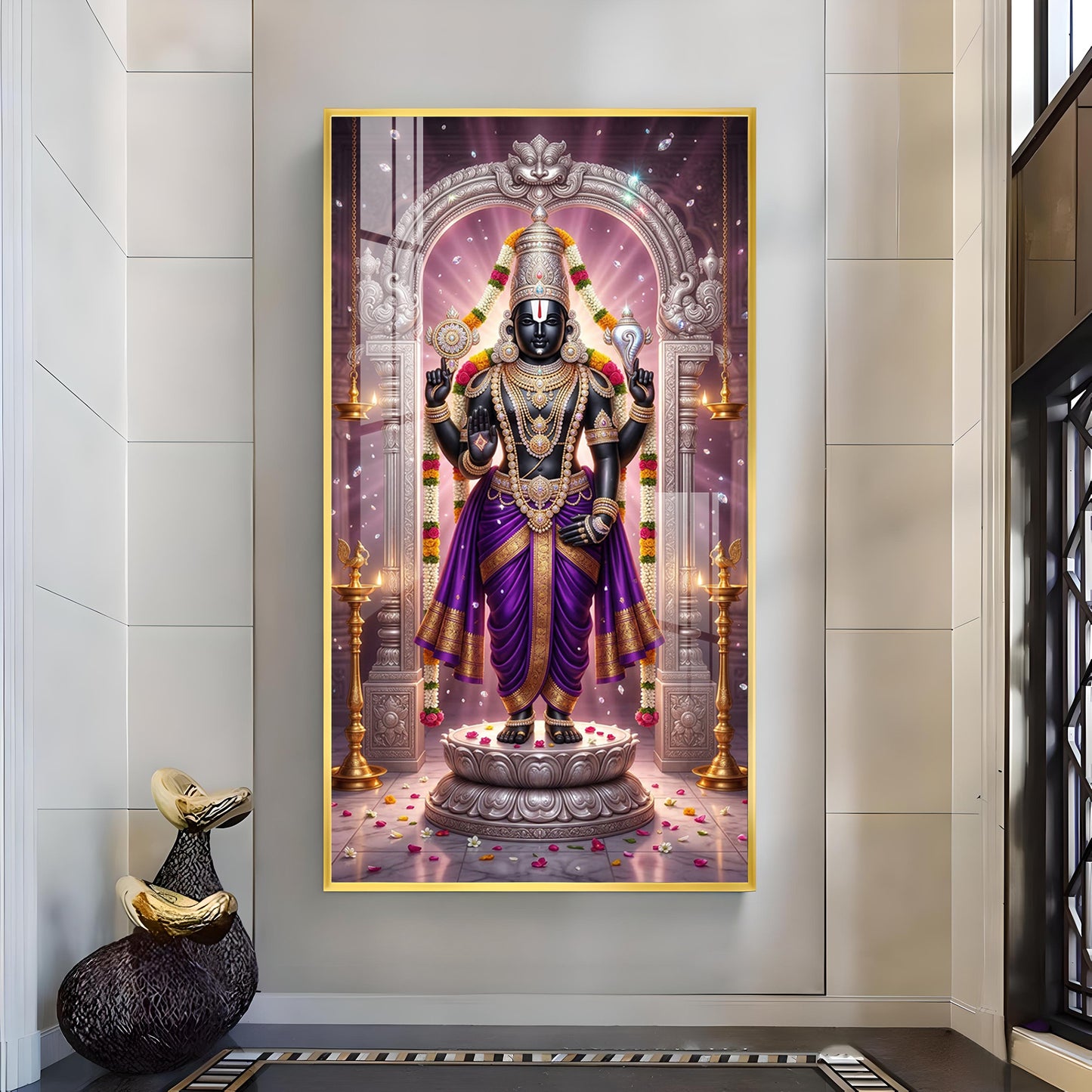 Om Namo Venkateswara Glass Finish Vertical Wall Art