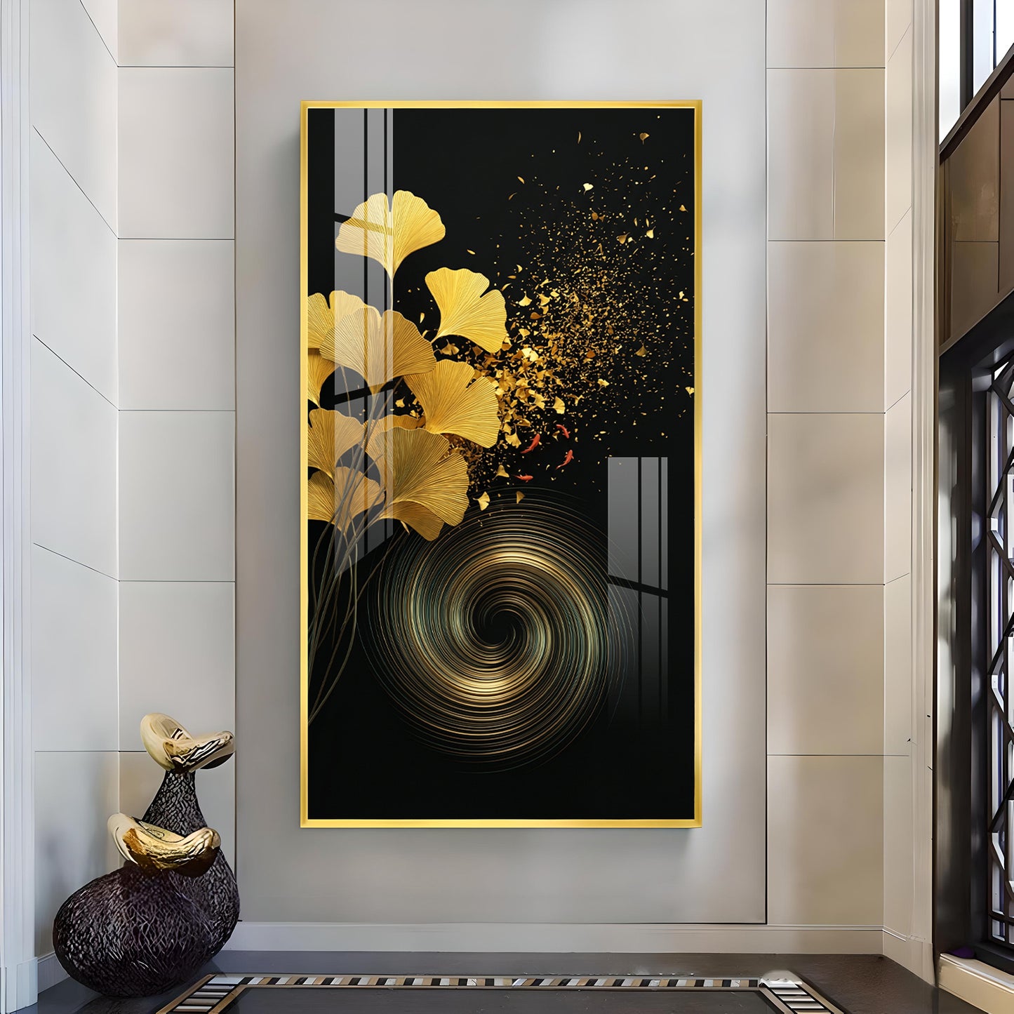 Gold Ginkgo Leaves Glass Finish Vertical Wall Art