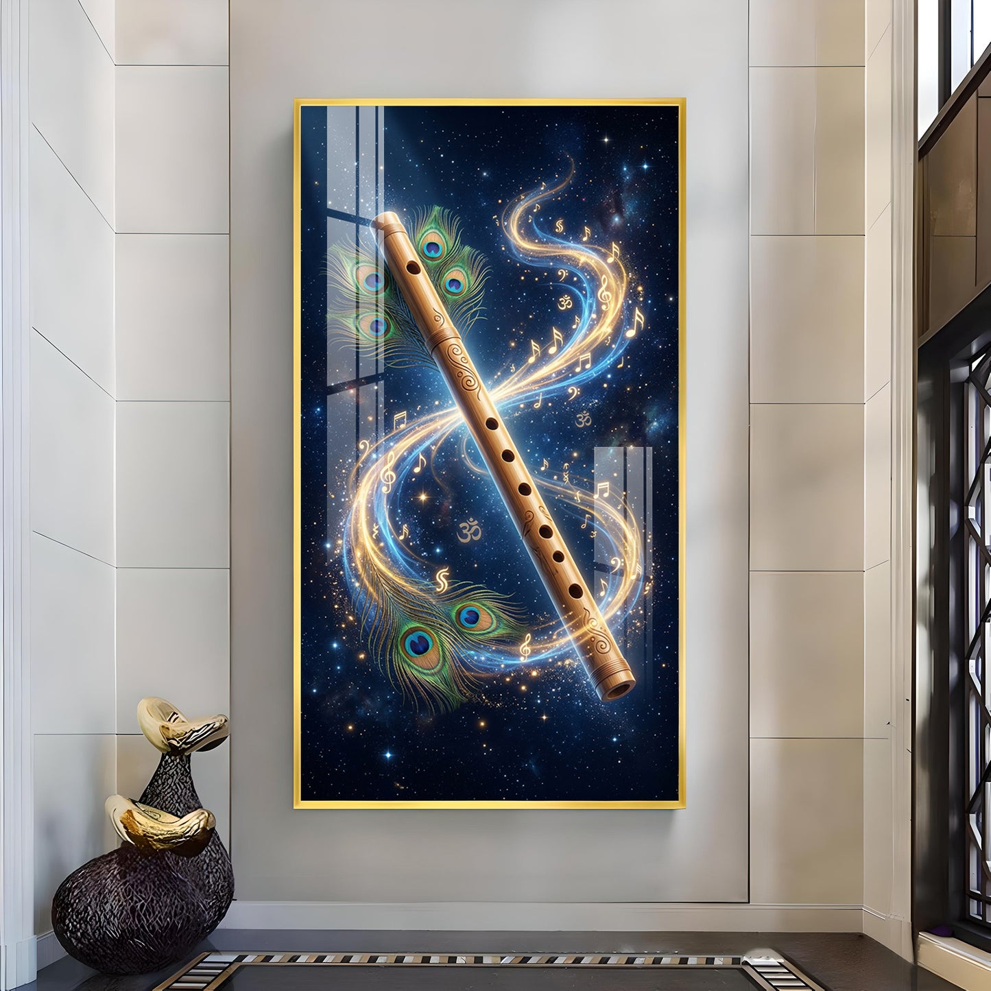 Flute With Peacock Feathers Glass Finish Vertical Wall Art
