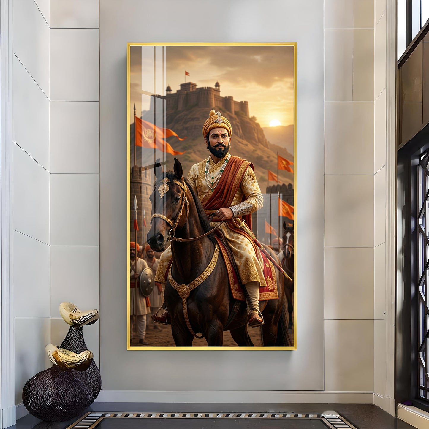 Victorious Chhatrapati Shivaji Maharaj Glass Finish Vertical Wall Art