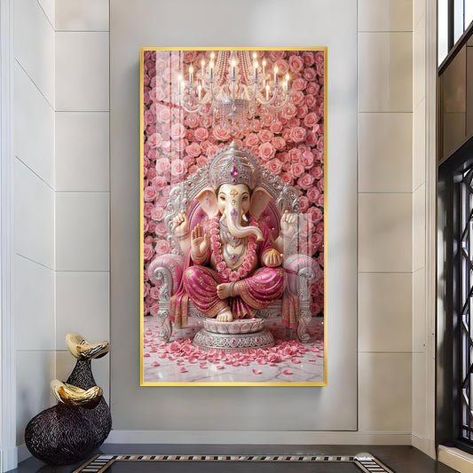 Divine Lord Ganesh Glass Finish Vertical Wall Art