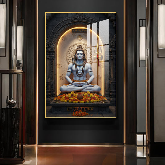 Lord Shiva In A Meditative Pose Glass Finish Vertical Wall Art