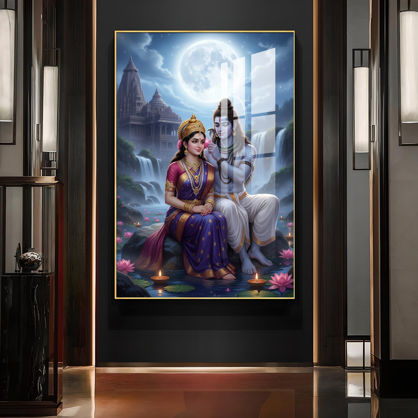 Depicting Lord Shiva & Goddess Parvati Glass Finish Vertical Wall Art