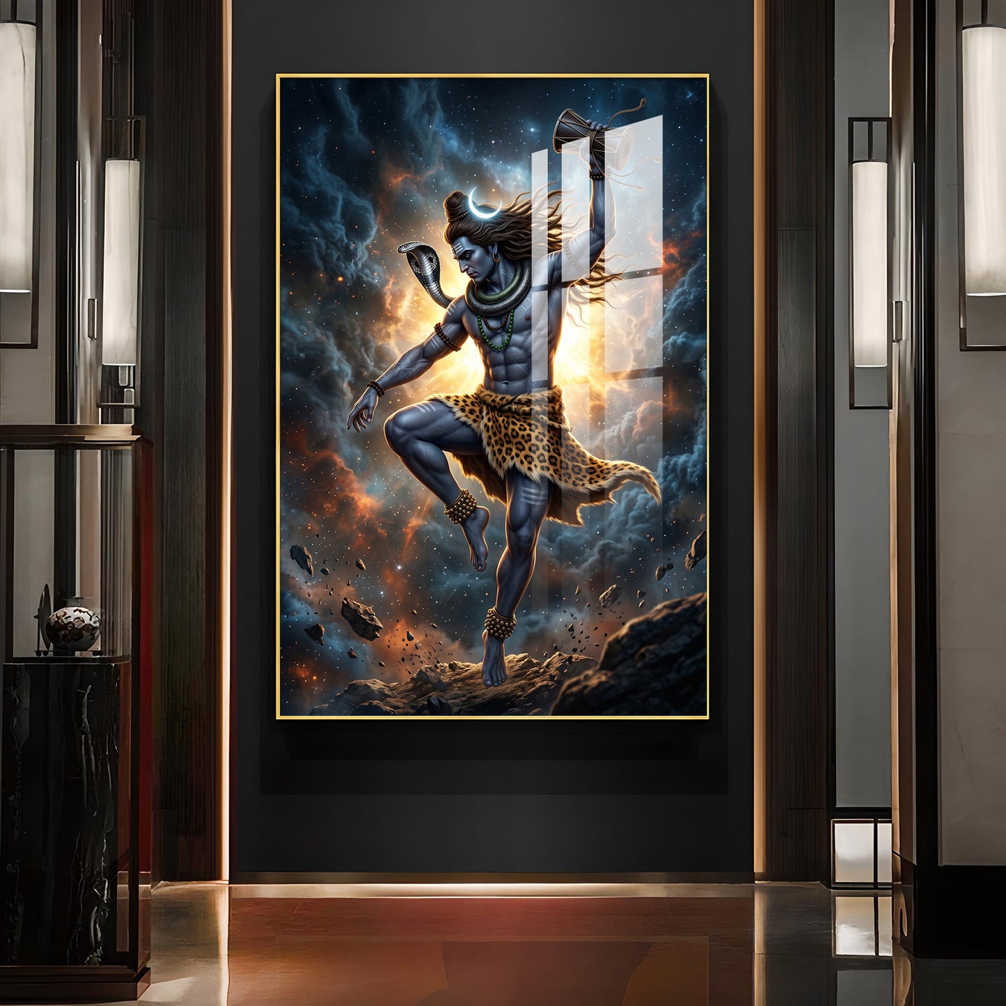 Mahadev In His Tandava Pose Glass Finish Vertical Wall Art