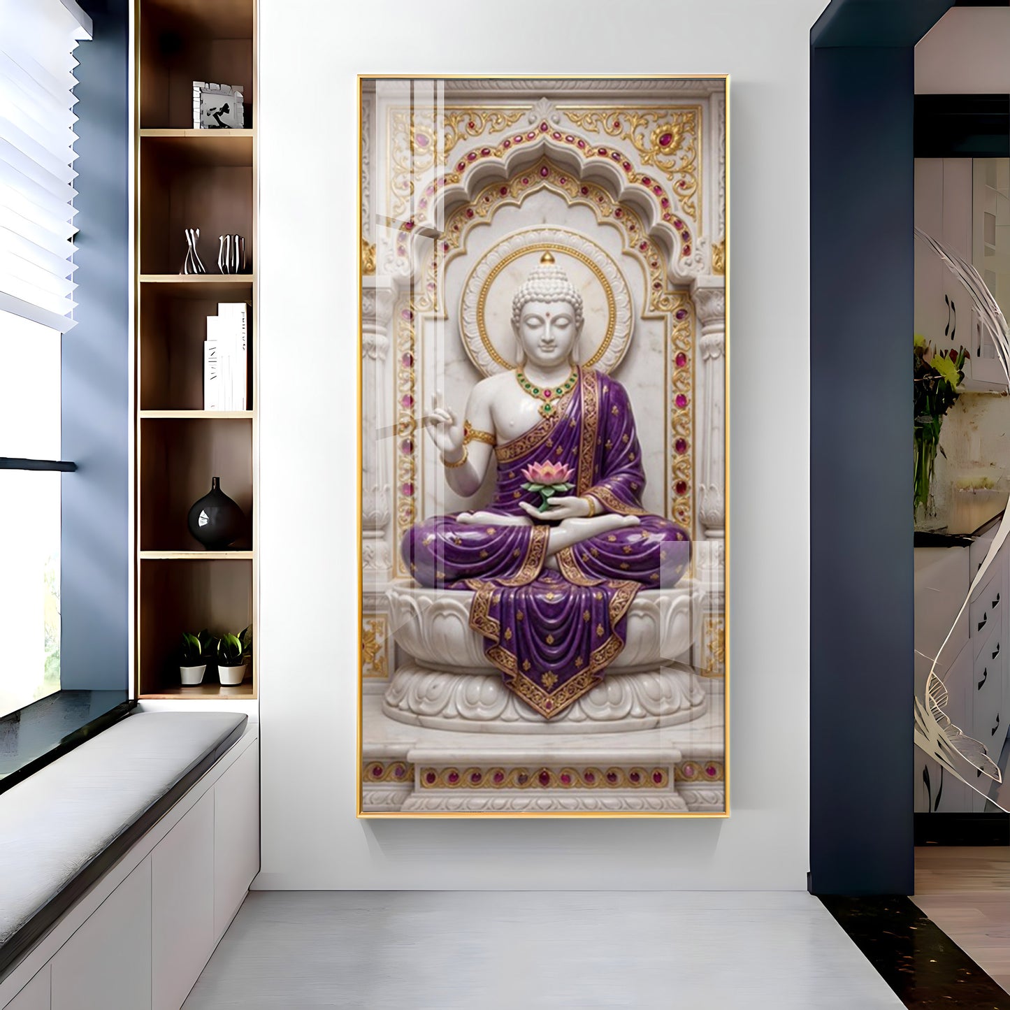 Elegant Gautam Buddha Glass Finish Vertical Wall Art