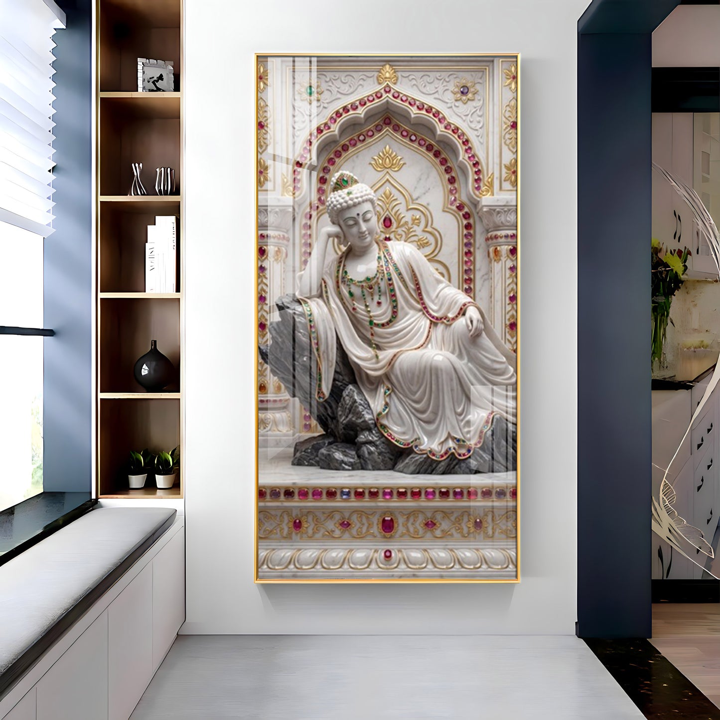 Elegant Buddha Glass Finish Vertical Wall Art