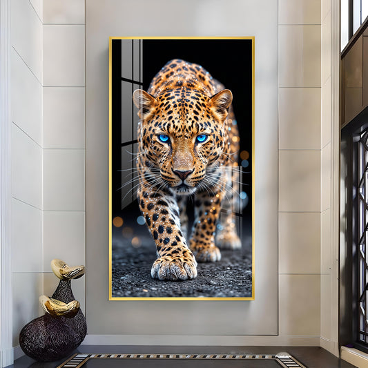 Wild Leopard With Blue Eyes Glass Finish Vertical Wall Art