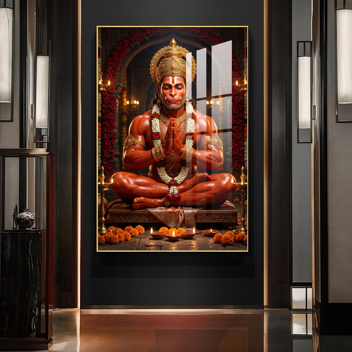 Lord Hanuman Glass Finish Vertical Wall Art