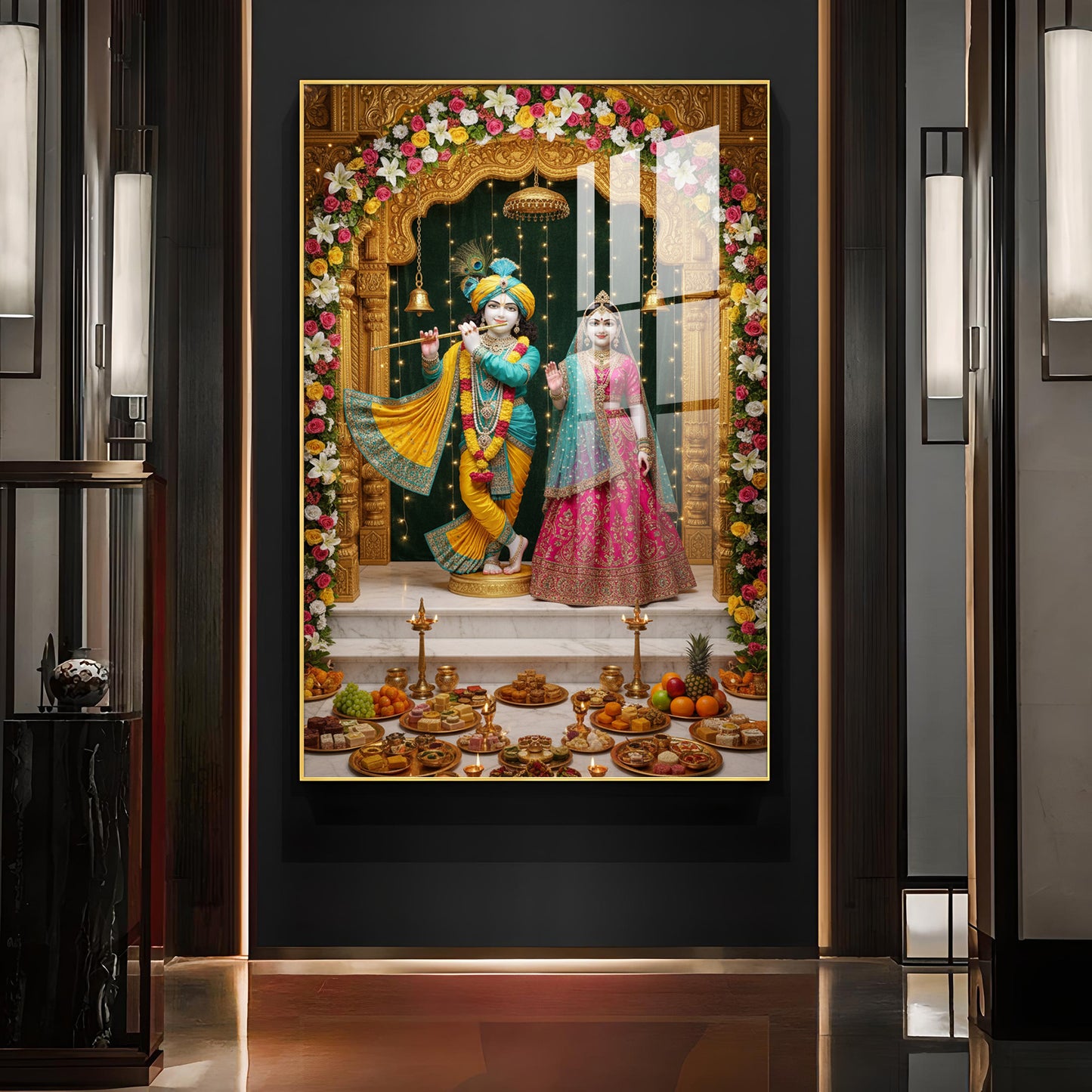 Lord Krishna and Radha Glass Finish Vertical Wall Art