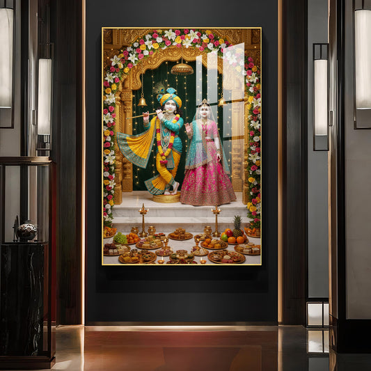 Lord Krishna and Radha Glass Finish Vertical Wall Art