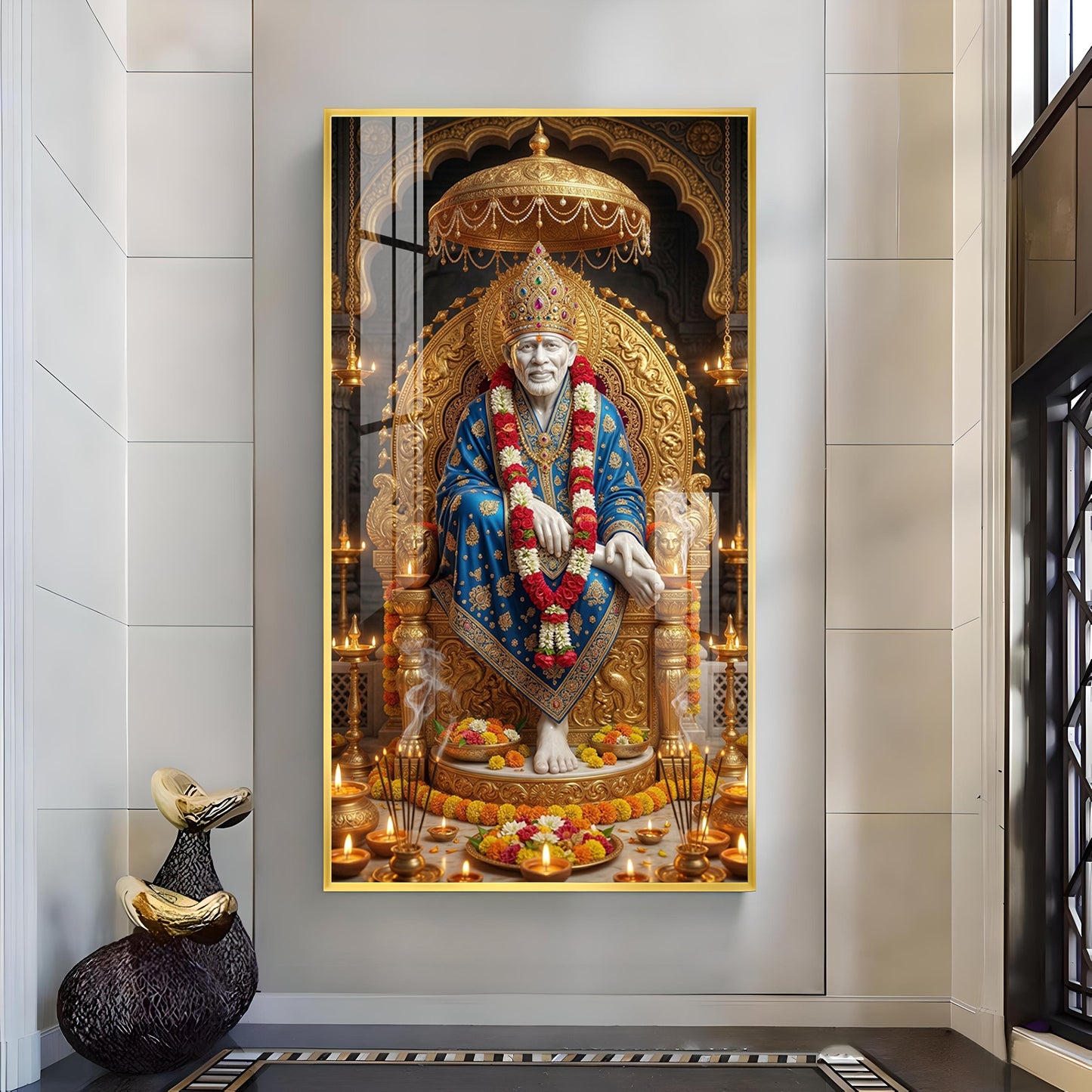 Shridi Sai Baba Glass Finish Vertical Wall Art