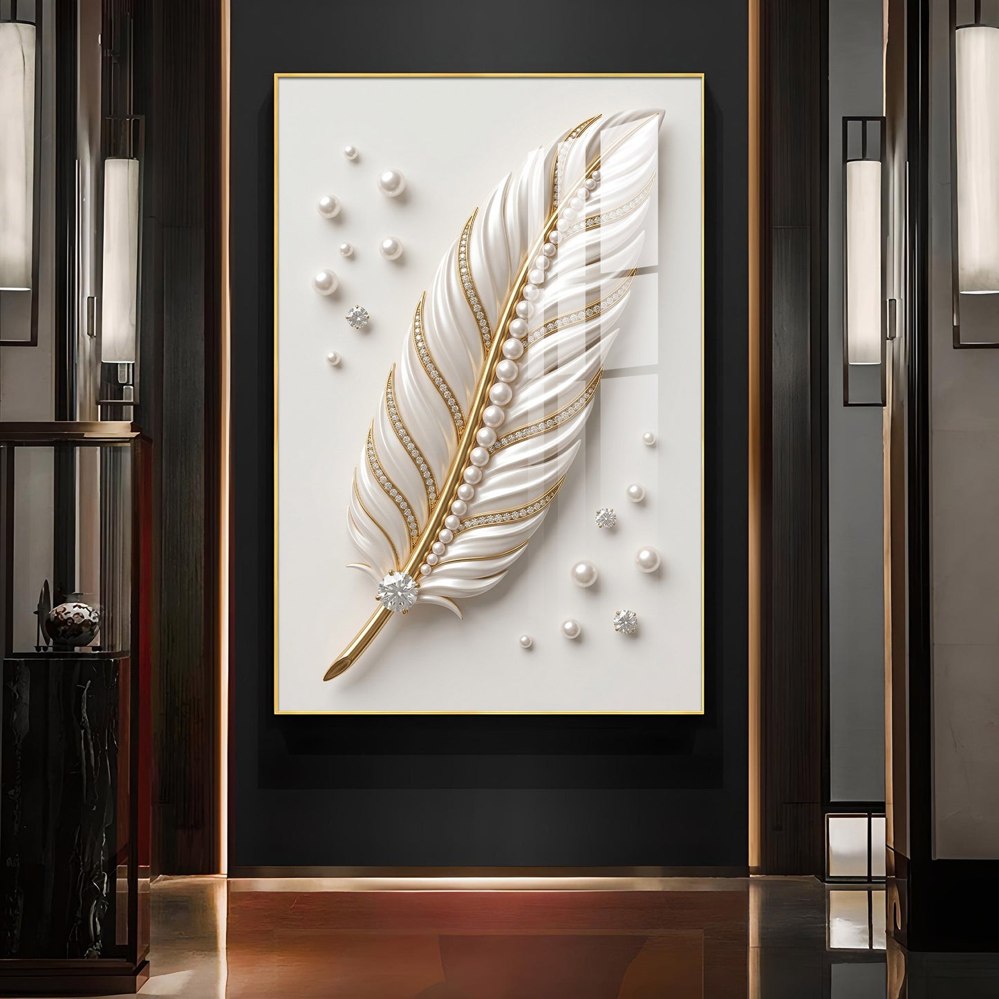 White & Gold Finish Feather Glass Finish Vertical Wall Art