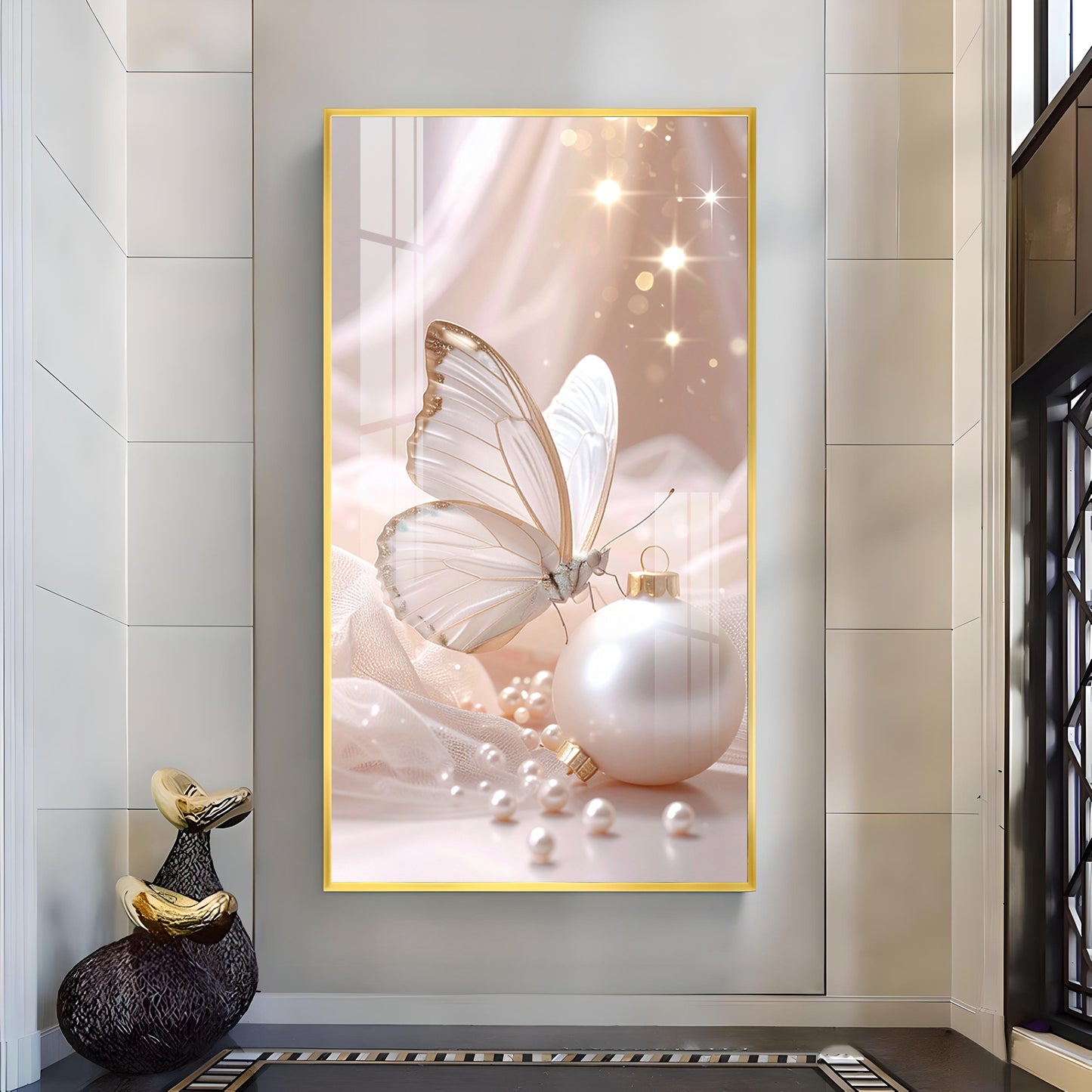 Beautiful Butterfly Glass Finish Vertical Wall Art